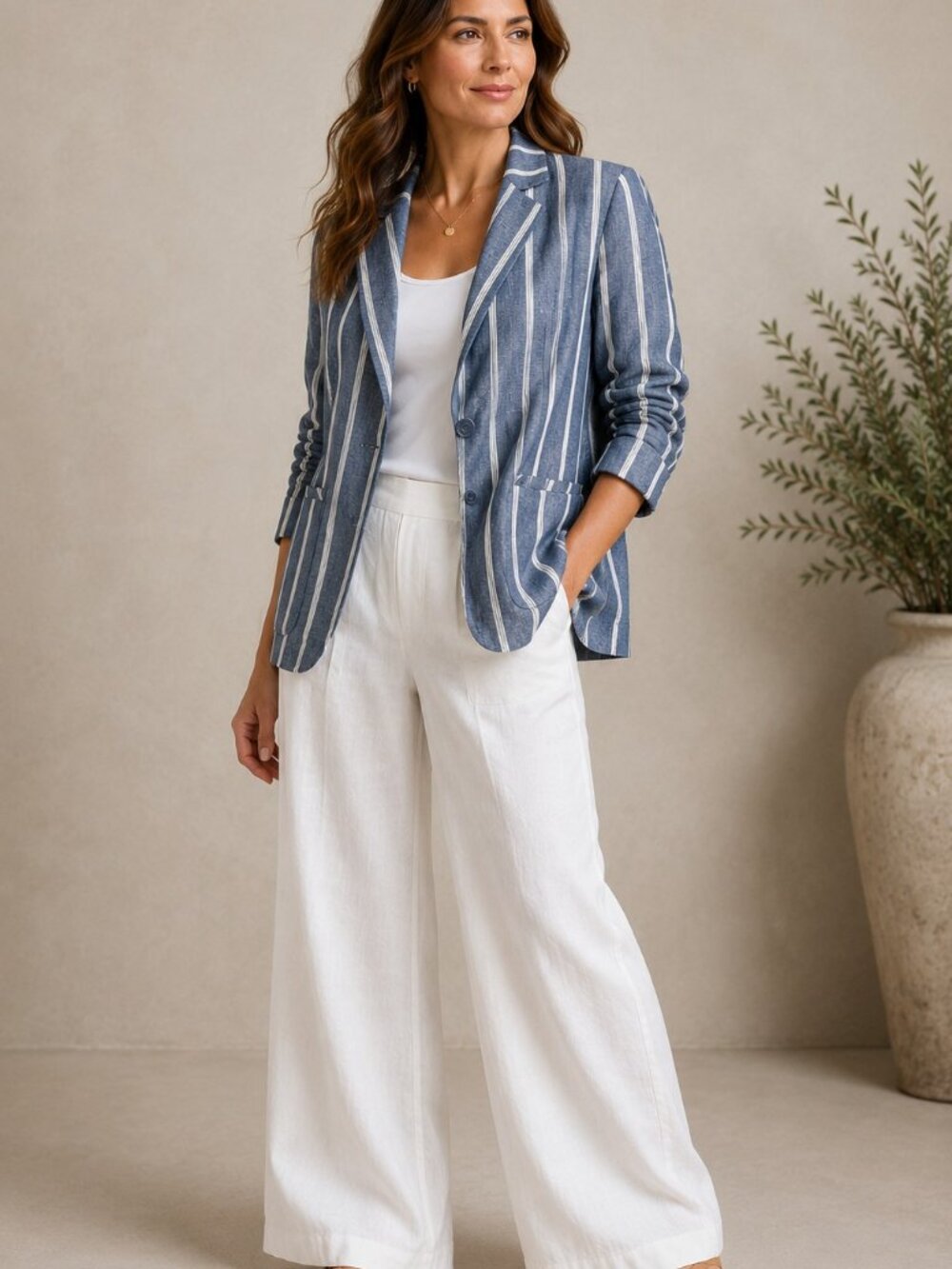 Anthropologie DREW Blazer Women Large Linen Blend Blue Stripe Coastal Preppy